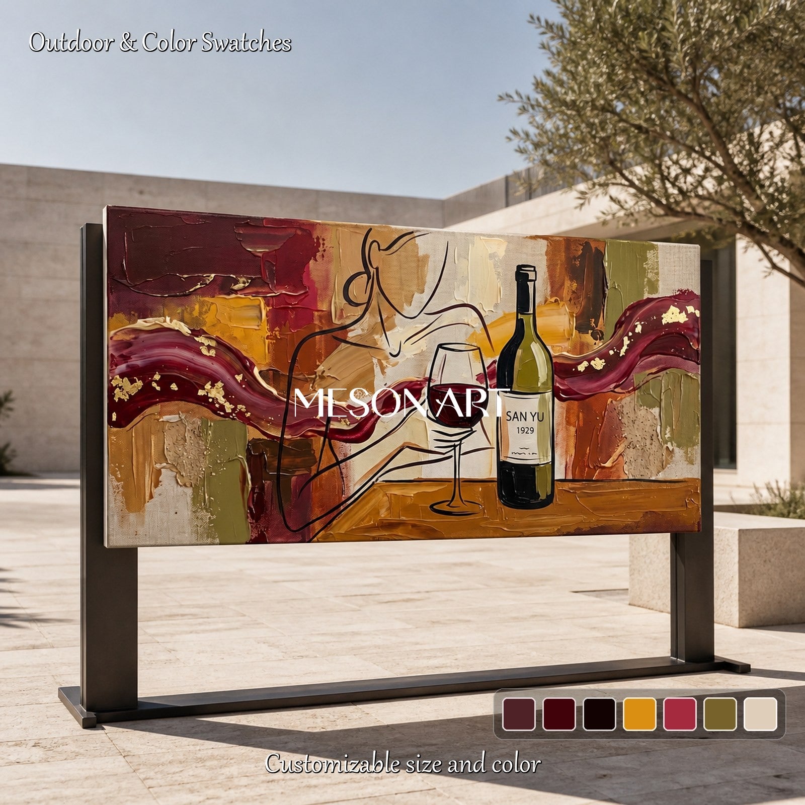 Red And Brown Contemporary Figurative Wine Painting Panoramic Original Artwork By Mesonart
