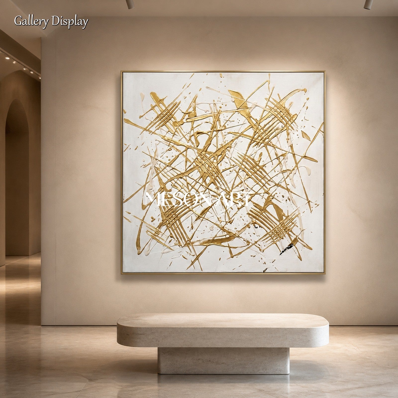 White And Gold Abstract Expressionism Painting Jackson Pollock Inspired Square Wall Art For Living Room By Mesonart