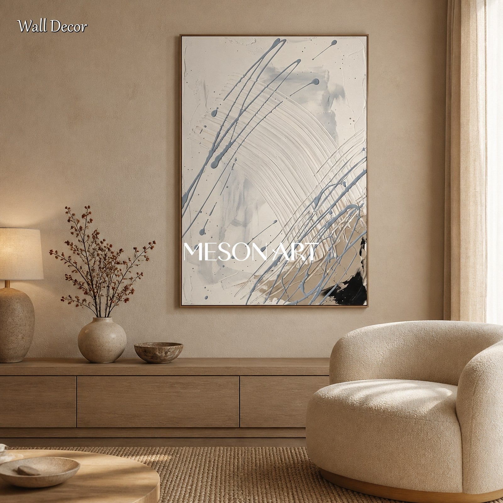 White And Gray Jackson Pollock Inspired Abstract Expressionism Rectangular Painting Wall Art For Living Room By Mesonart