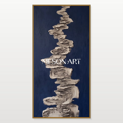 Navy Blue And Gray Abstract Textured Art Panoramic Wall Decor For Living Room By Mesonart