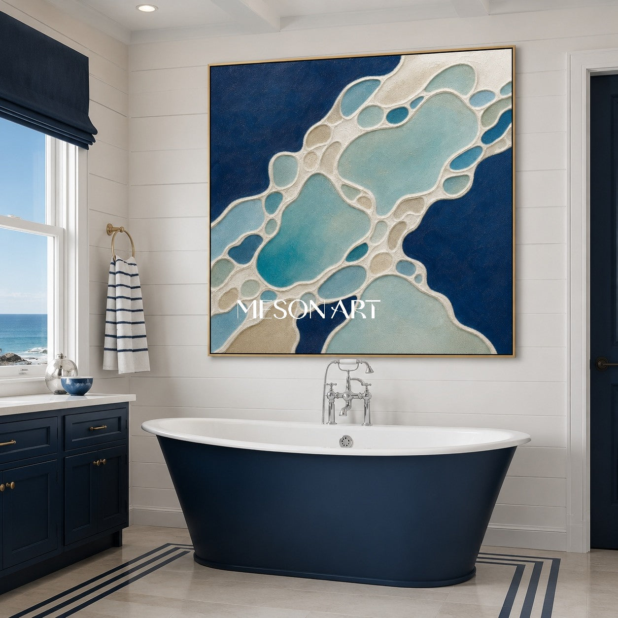 Blue Turquoise Abstract Painting With Textured Impasto For Coastal Living Room Decor