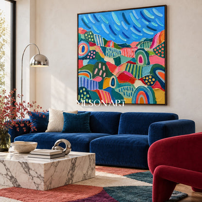 Blue And Green Abstract Landscape Painting Square Wall Art For Living Room By Mesonart