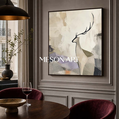 Minimalist Deer Abstract Canvas Art With Textured Beige Grey Tones For Living Room Bedroom Decor