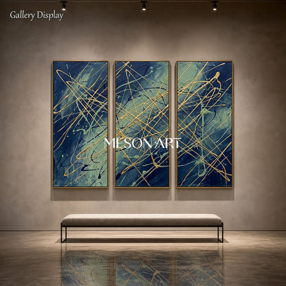 Blue And Gold Abstract Expressionism Painting Rectangular Wall Art For Living Room By Mesonart