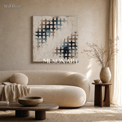 Minimalist Textured Abstract Art With Geometric Grid For Modern Living Room Decor