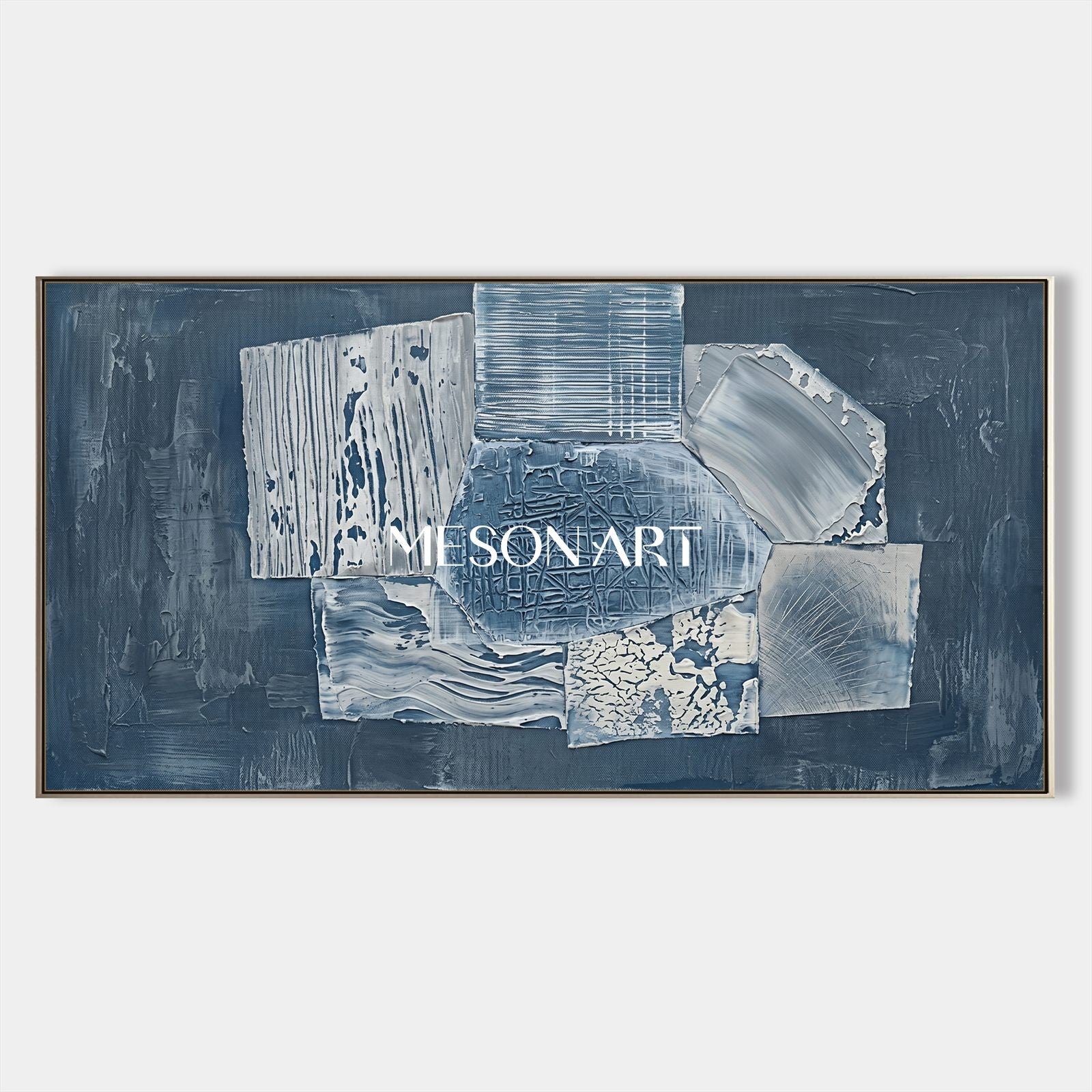 Blue Minimalist Abstract Painting With Textured Relief For Modern Living Room Decor