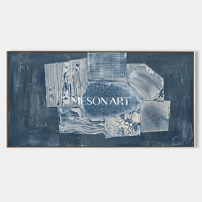 Blue Minimalist Abstract Painting With Textured Relief For Modern Living Room Decor