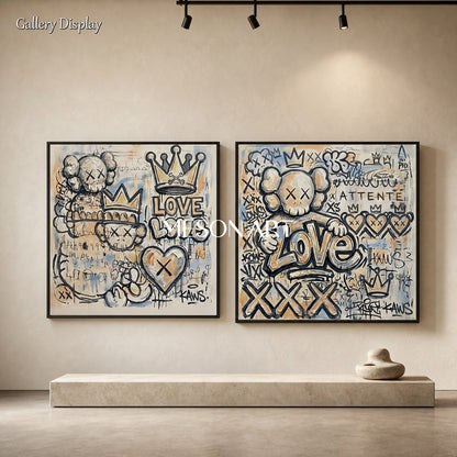 Urban Pop Art Graffiti Painting With Crown And Heart Motifs For Modern Living Room Decor