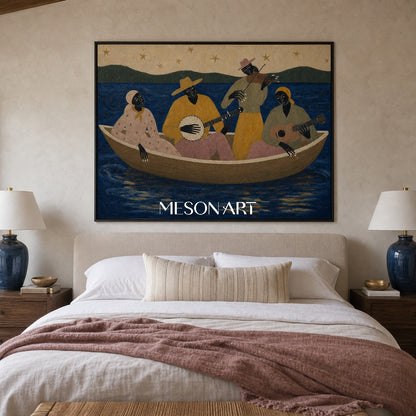 Expressive Musician Boat Painting With Ocean Stars For Living Room Decor
