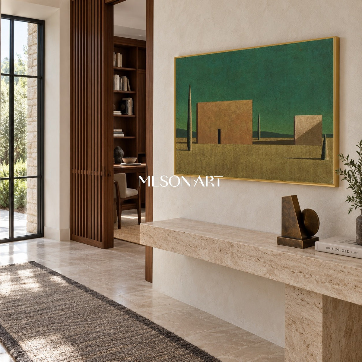 Green And Brown Surrealist Metaphysical Art Rectangular Architectural Painting For Living Room By Mesonart