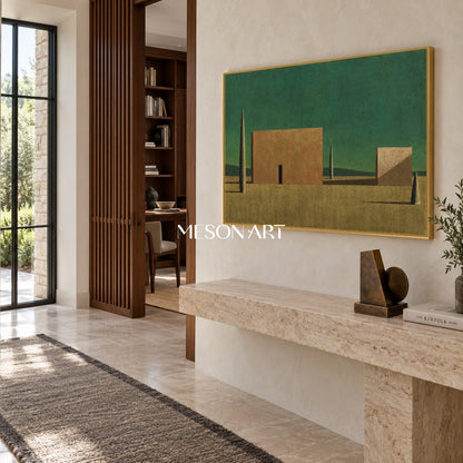 Green And Brown Surrealist Metaphysical Art Rectangular Architectural Painting For Living Room By Mesonart