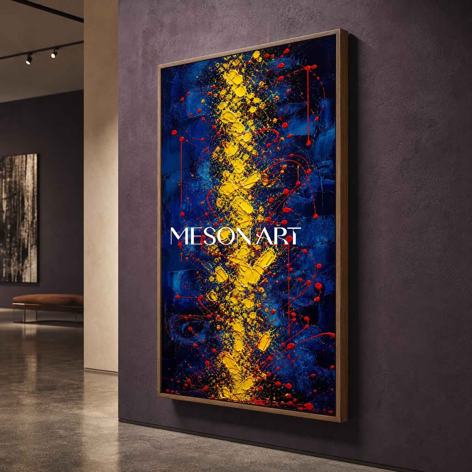Blue And Gold Abstract Painting With Red Splatter Texture For Modern Living Room Decor