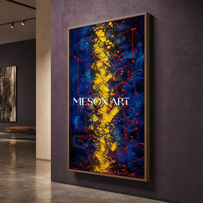 Blue And Gold Abstract Painting With Red Splatter Texture For Modern Living Room Decor