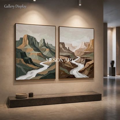 Green And Brown Modern Landscape Painting Rectangular Wall Art Contemporary Luxury Artwork By Mesonart