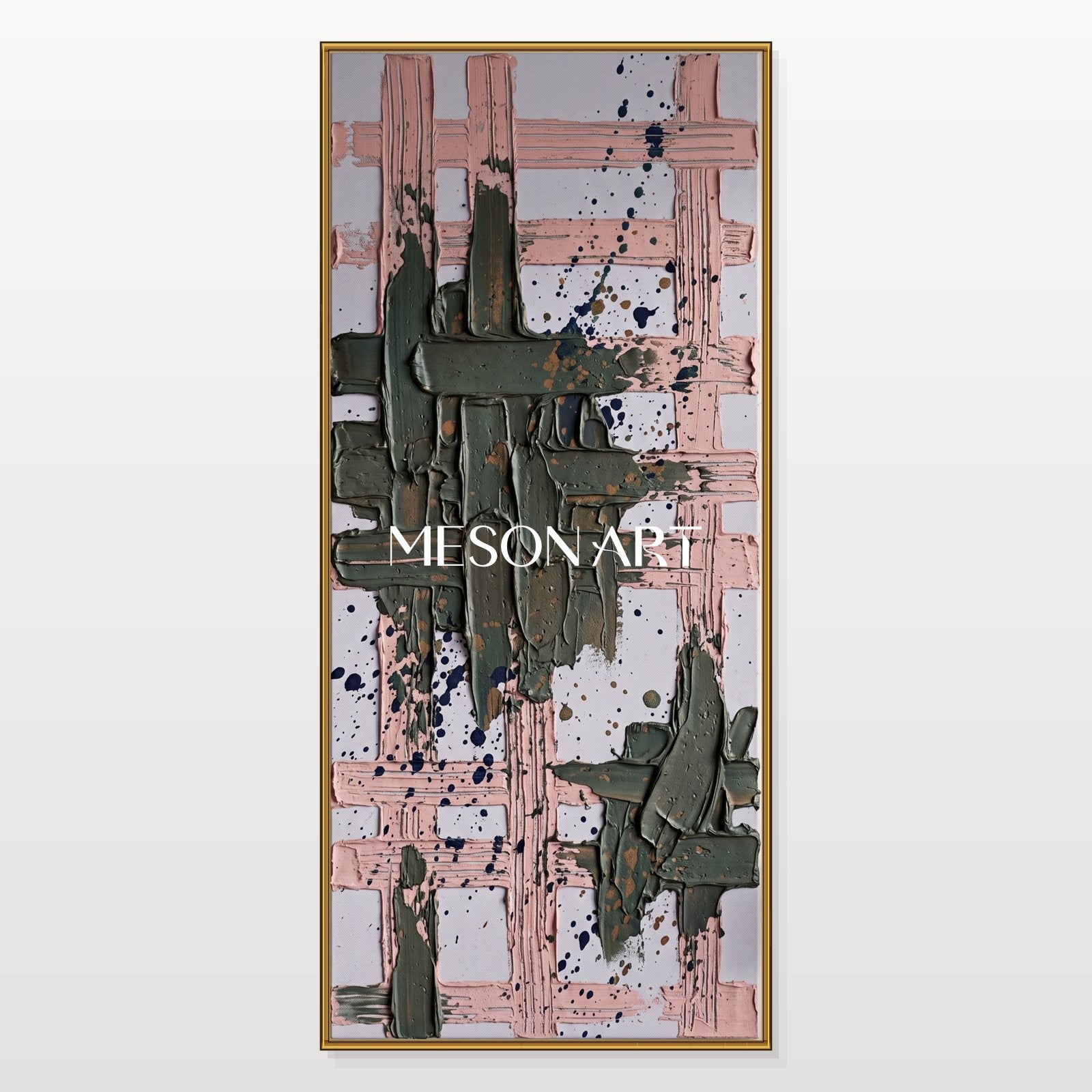 Minimalist Geometric Abstract Art With Textured Relief In Pink And Green For Modern Entryway