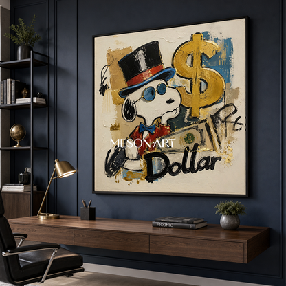 Snoopy Pop Art Painting With Gold Dollar Sign Graffiti Style Canvas Art For Living Room Decor