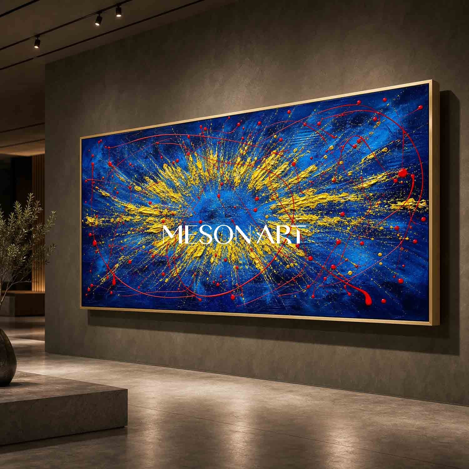 Bold Abstract Blue And Gold Painting With Textured Relief For Modern Living Room Decor