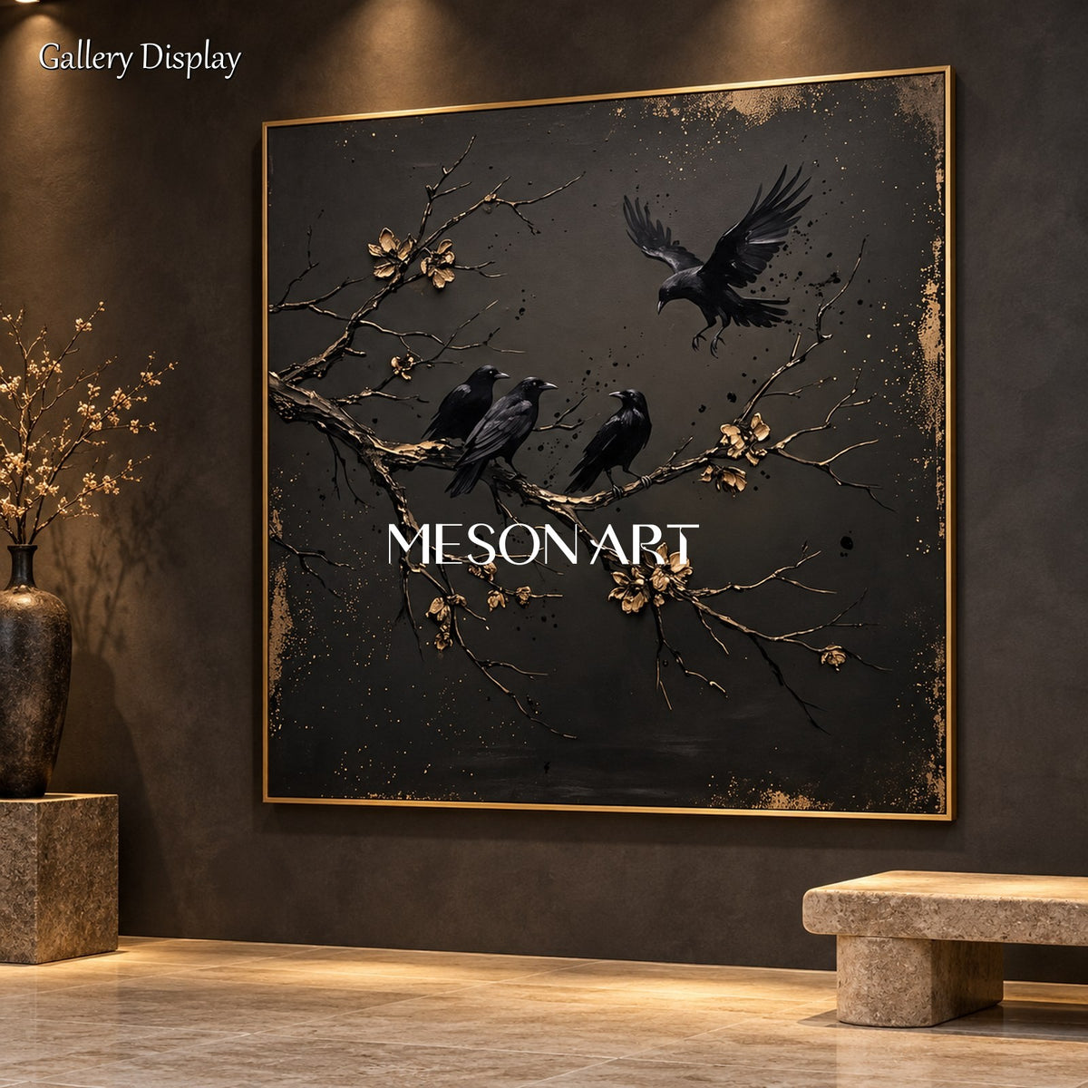 Black And Gold Painting Textured Crow Art Square Wall Decor For Living Room By Mesonart