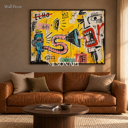 Yellow And Red Abstract Painting Neo Expressionist Street Art Rectangular Wall Decor For Living Room By Mesonart