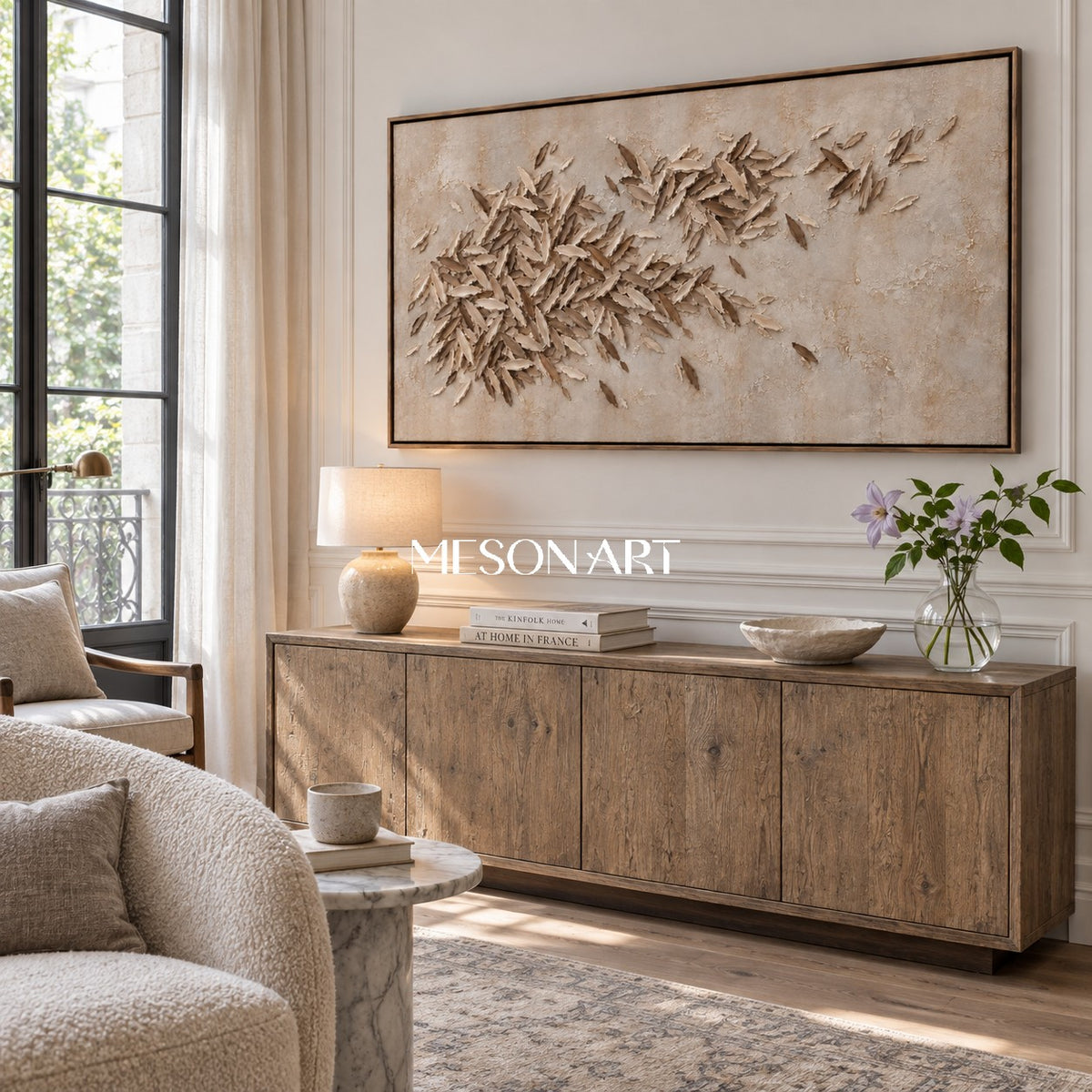 Beige And Brown Organic Minimalist Leaves Forms Wall Art For Living Room By Mesonart