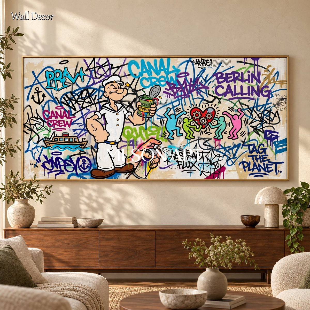 Blue White Graffiti Painting Panoramic Pop Art Wall Decor For Living Room By Mesonart