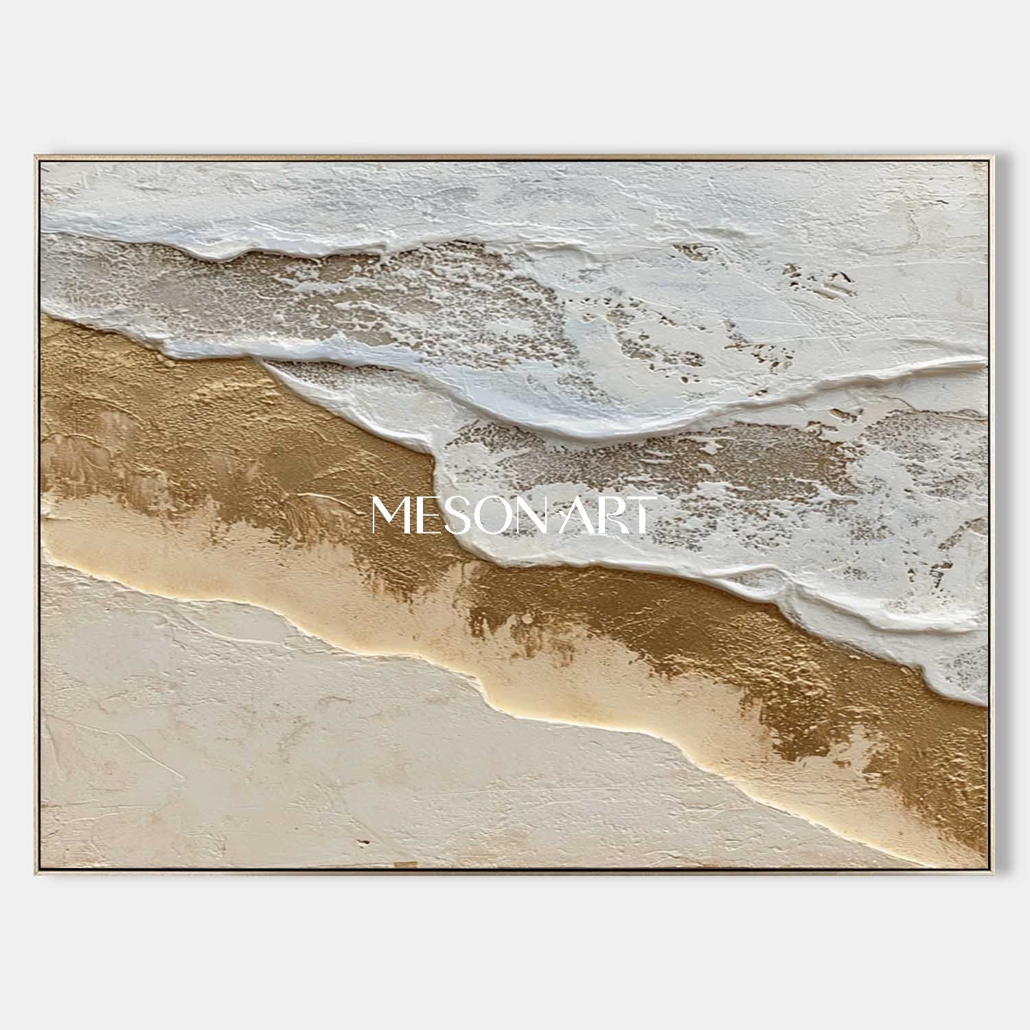 3D White and Gold Ocean Waves Texture Painting Beach Abstract Wall Art