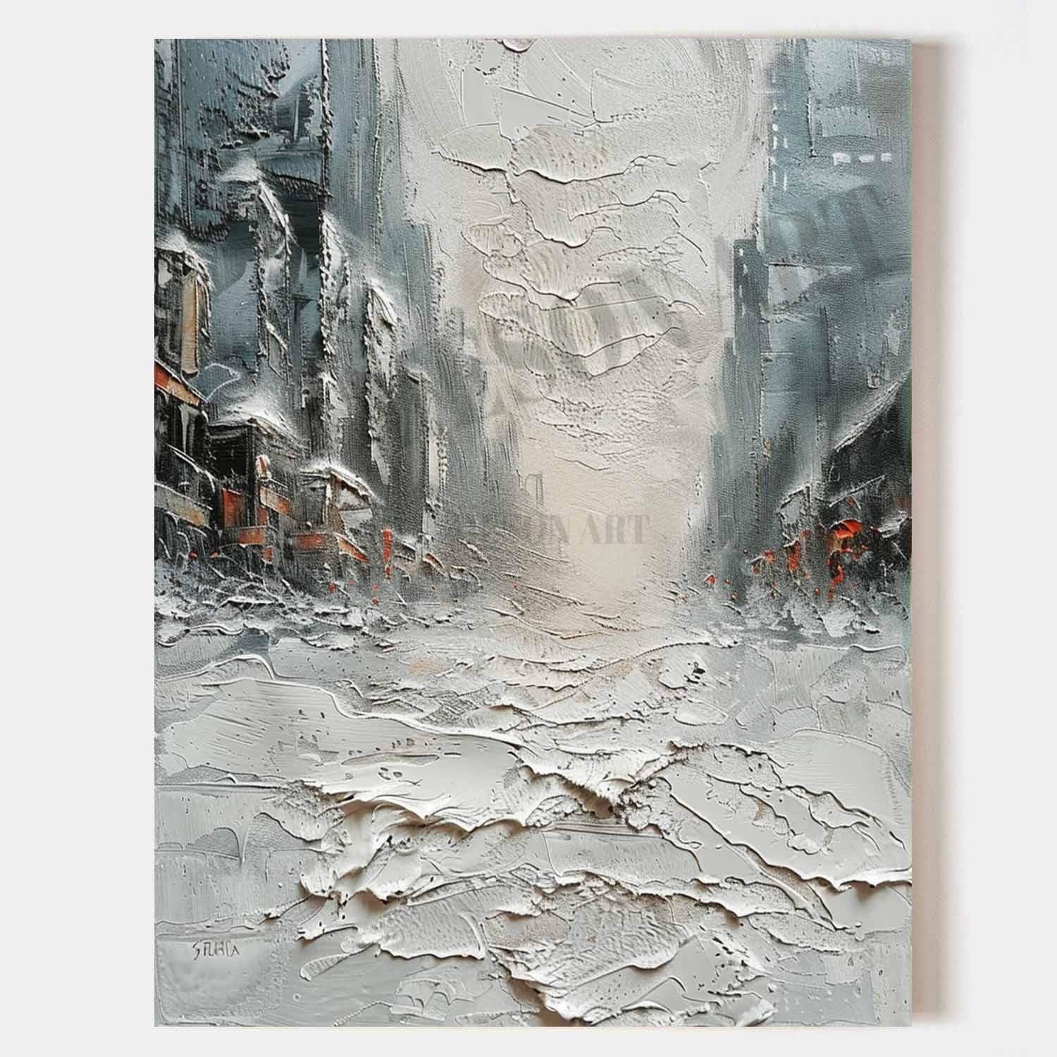 White Snowy City Abstract Canvas Painting Snowy City Abstract Wall Art Snow Texture Art