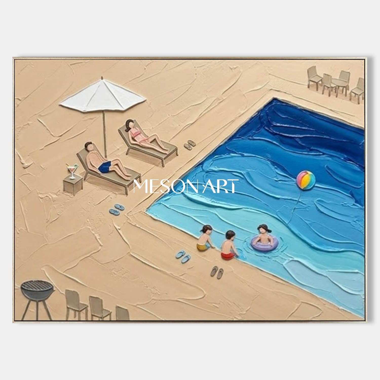 Summer Vacation Poolside Living Room Bedroom Decor Pool Family Impasto Painting Textured Wall Art