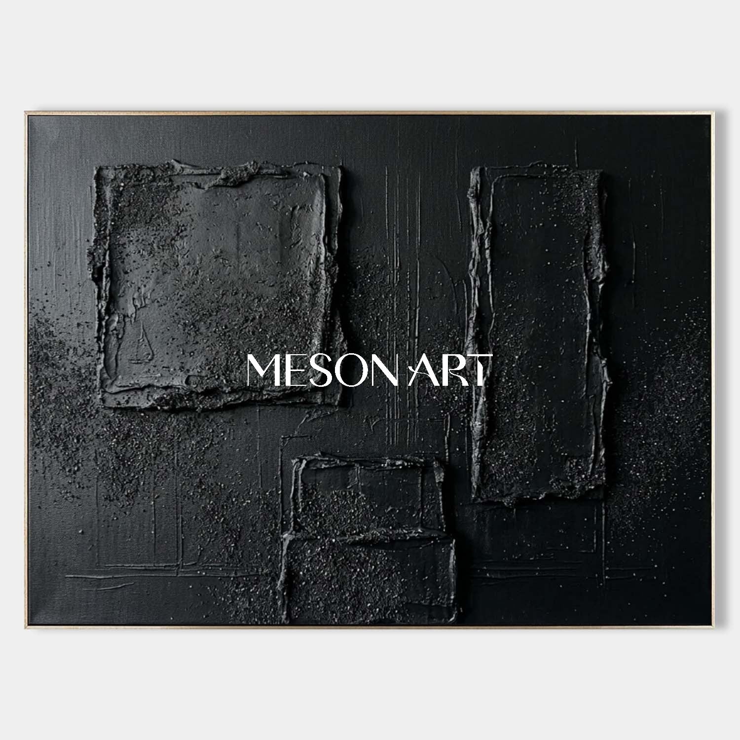 Black Minimalist Geometric Textured Canvas Art | 3D Gesso | MesonArt