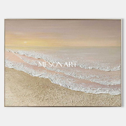 Large 3D Beige Sunrise Beach Ocean Waves Painting Sunrise Beach Canvas Wall Art Decor For Sale