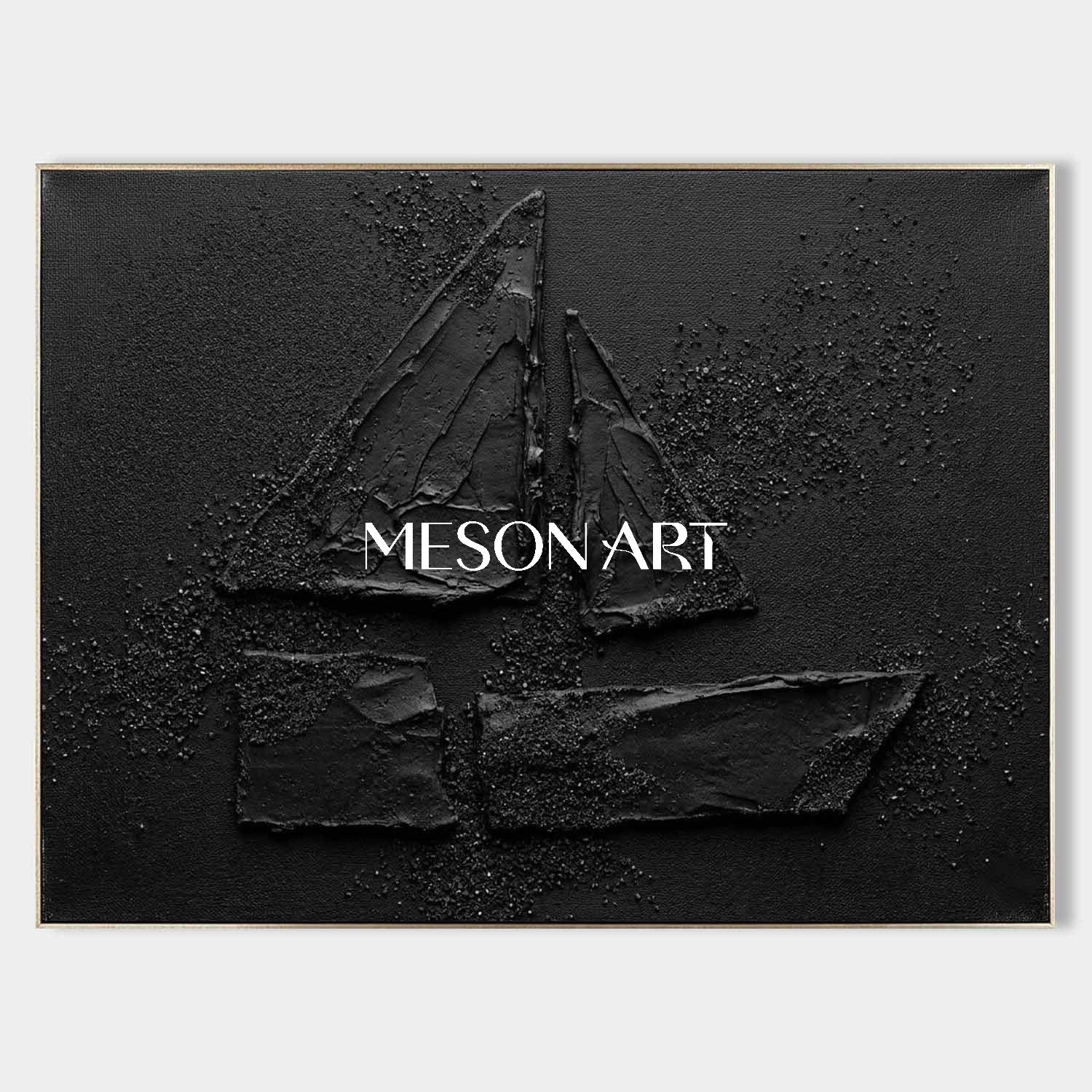 All Black Minimalist Sailboat Textured Canvas Painting Unique Nautical Art Gift