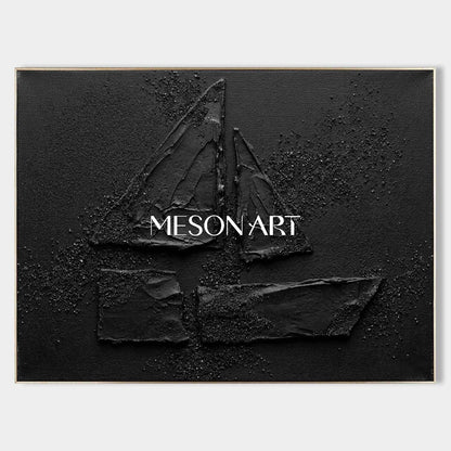 All Black Minimalist Sailboat Textured Canvas Painting Unique Nautical Art Gift