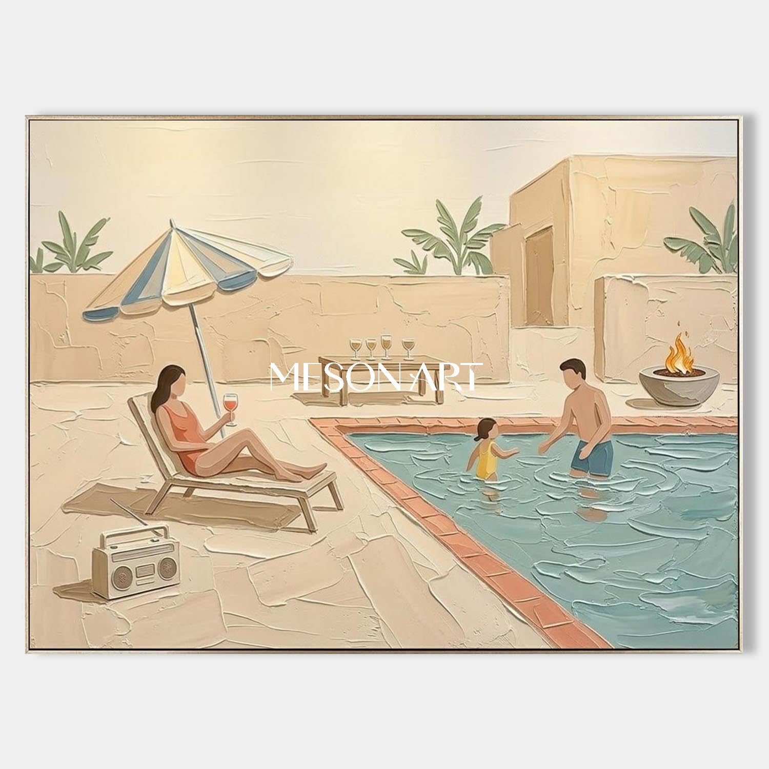 Pool Family Impasto Artwork Textured Wall Decor Large Framed Canvas Ready To Hang