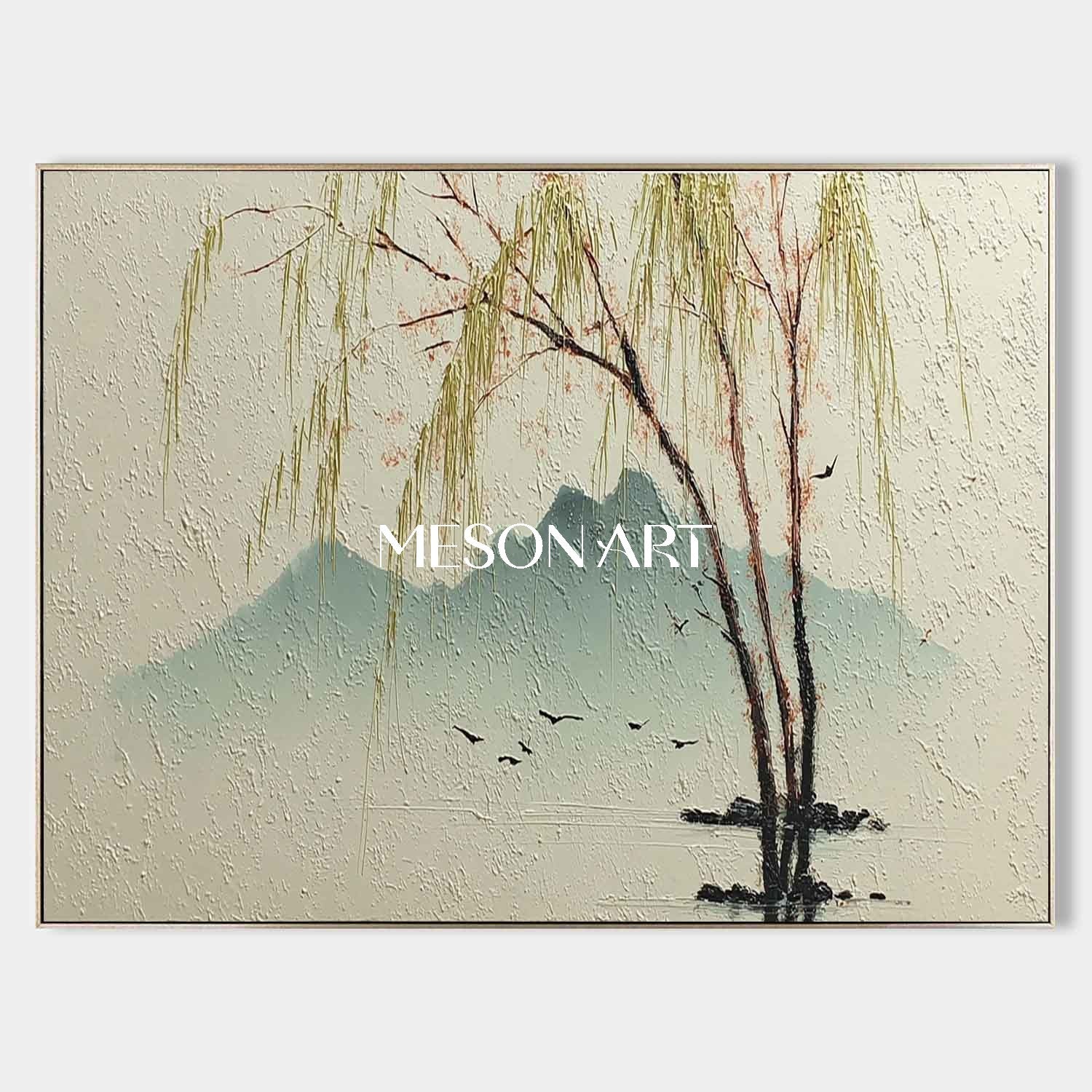 Willow Tree Landscape Painting on Canvas – Hand-Painted Wall Art by Mesonart
