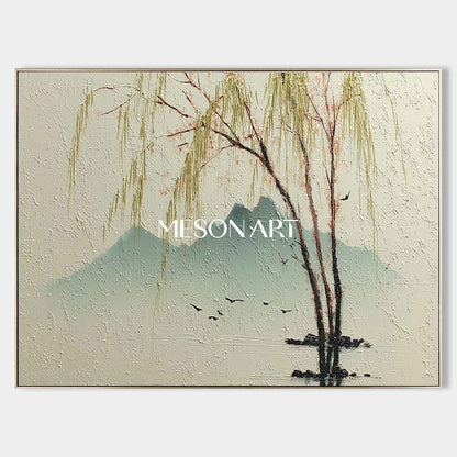 Willow Tree Landscape Painting on Canvas – Hand-Painted Wall Art by Mesonart