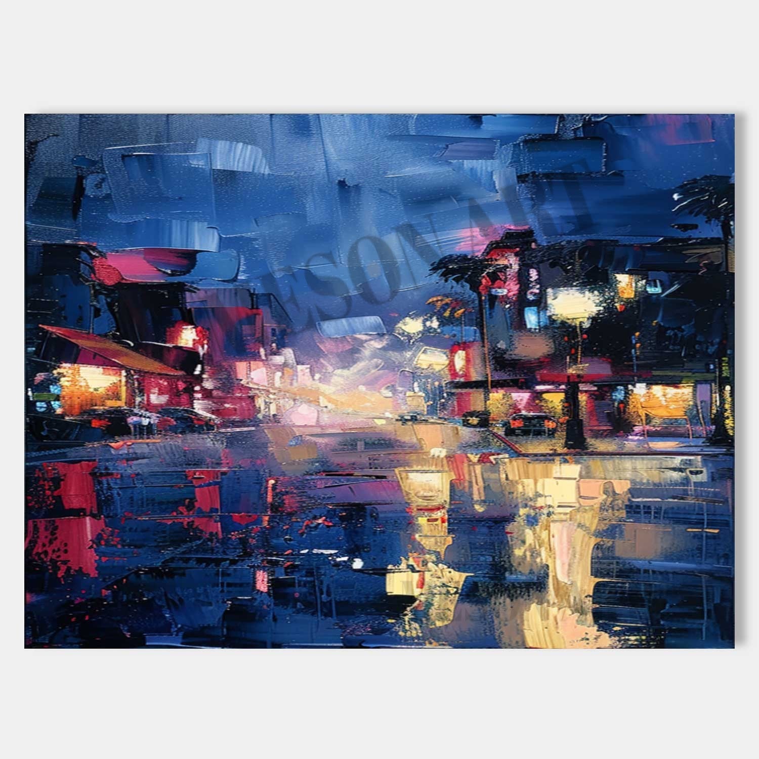 City Night Scene Abstract Blue Painting California Night Scene Canvas Art for Sale City Night Scene Wall Art