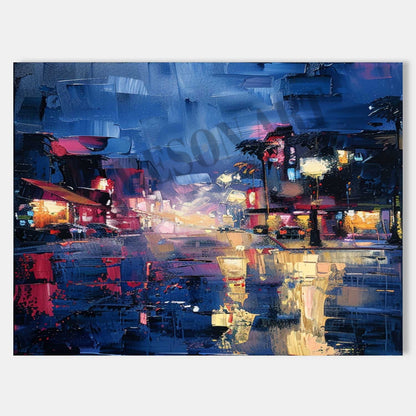 City Night Scene Abstract Blue Painting California Night Scene Canvas Art for Sale City Night Scene Wall Art
