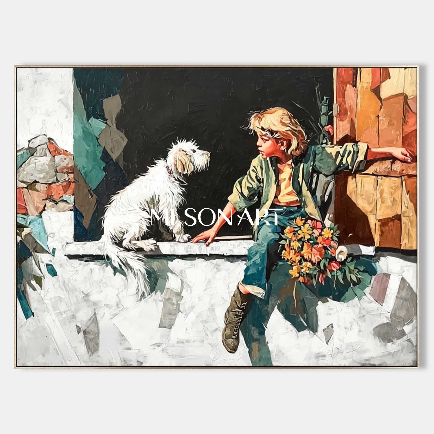 Surreal Blonde Boy and Dog – Dreamlike Stone Window Wall Art| Mesonart