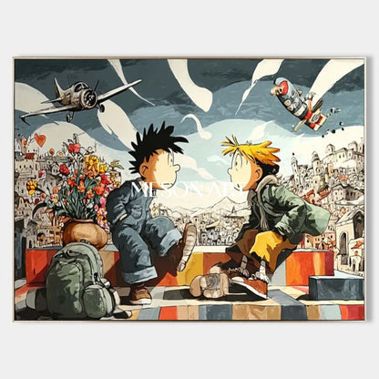 Anti-War Surreal Art – Innocent Kids Beneath a Sky of Conflict