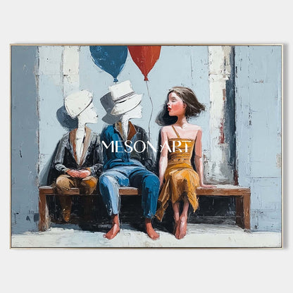 Surreal Boy and Girl with Balloons Abstract Kids Sitting on Bench | Mesonart