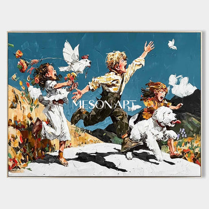 Magical Childhood Moment Surreal Canvas with Kids and Pet Dog