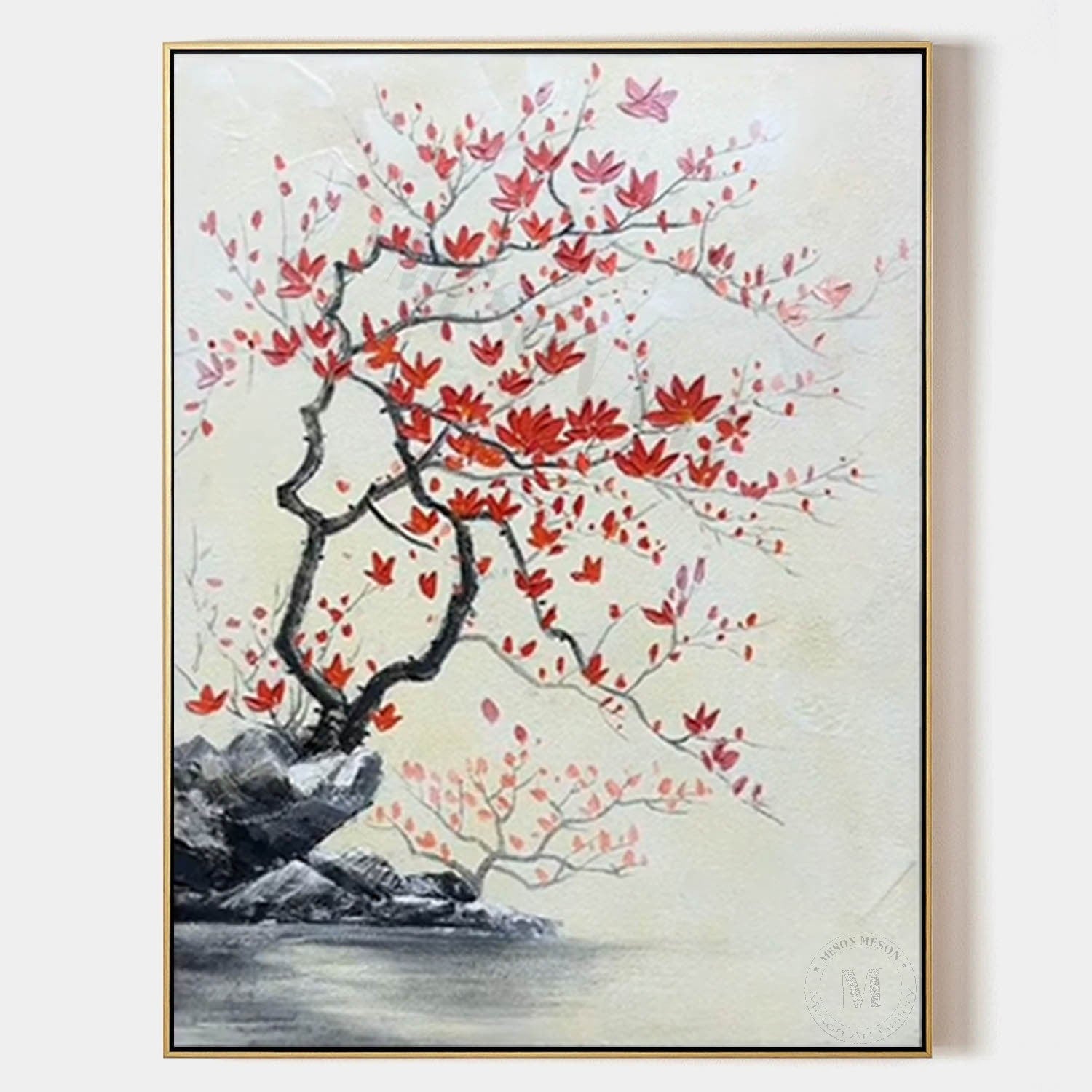 Red Flower Texture Painting Wabi-Sabi Wall Art Japanese Flower Painting on Canvas