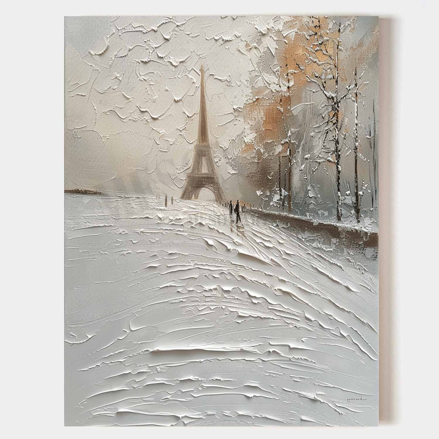 French Eiffel Tower Abstract Texture Painting French Snow Art Canvas White Eiffel Tower City Wall Art