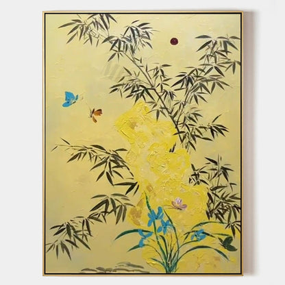 Beige and Yellow Texture Painting Green Bamboo Art Canvas Bamboo Decorative Wall Painting
