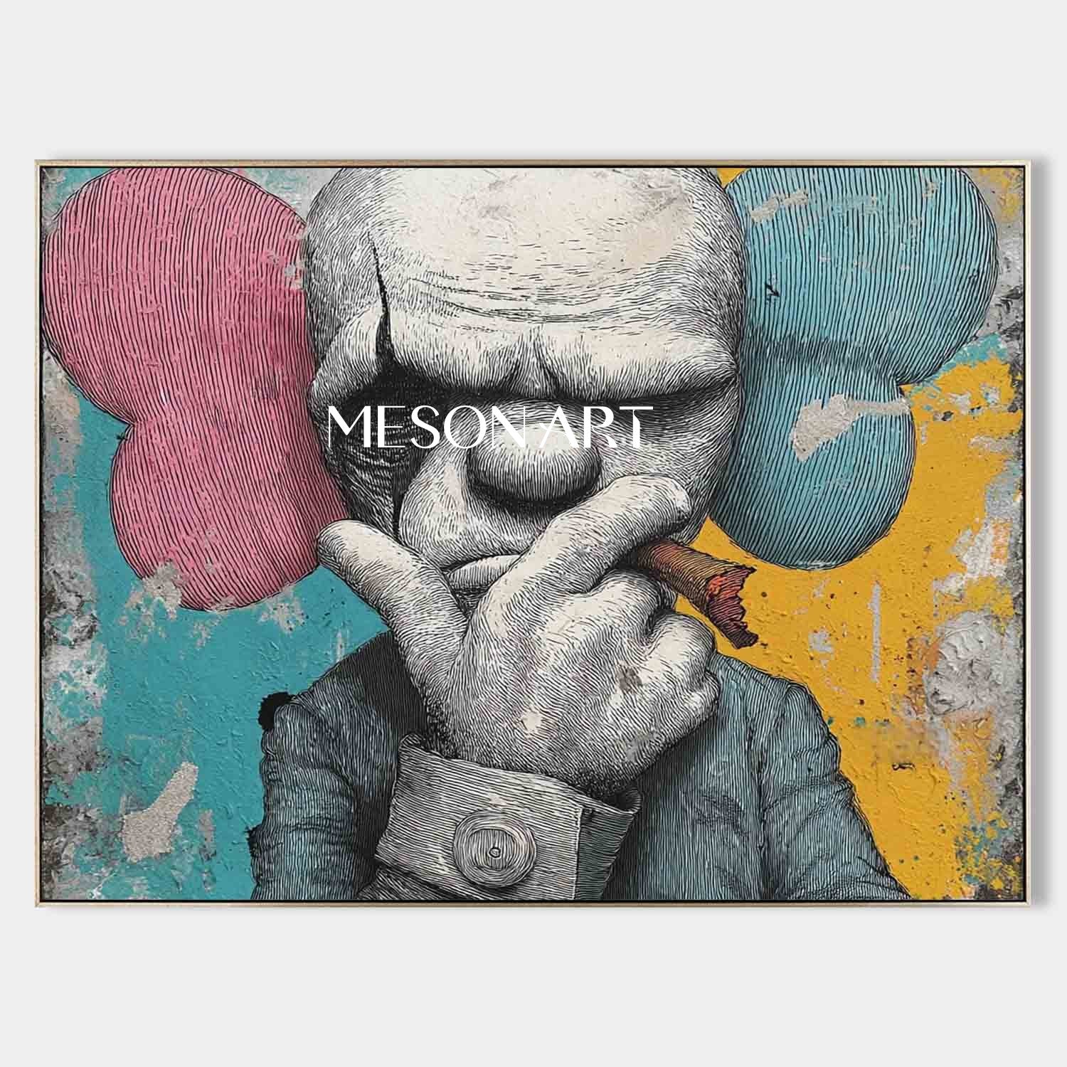Large Man smoking a cigar abstract texture painting. Cigar shop abstract canvas wall art decoration