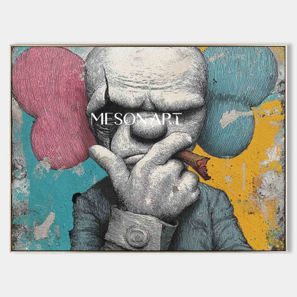 Large Man smoking a cigar abstract texture painting. Cigar shop abstract canvas wall art decoration