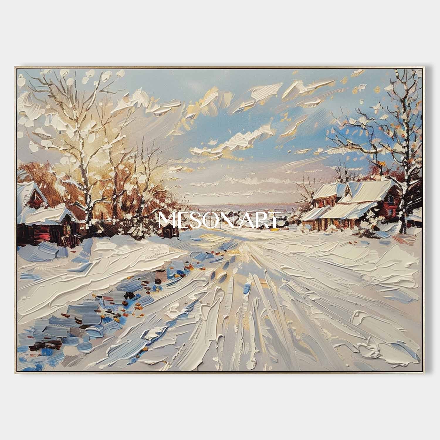 Hand-Painted Dnowscape Canvas Winter Village Custom Textured Art