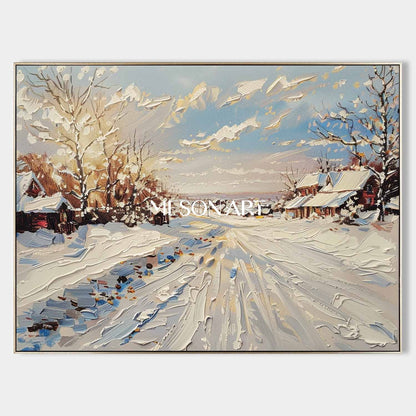 Hand-Painted Dnowscape Canvas Winter Village Custom Textured Art