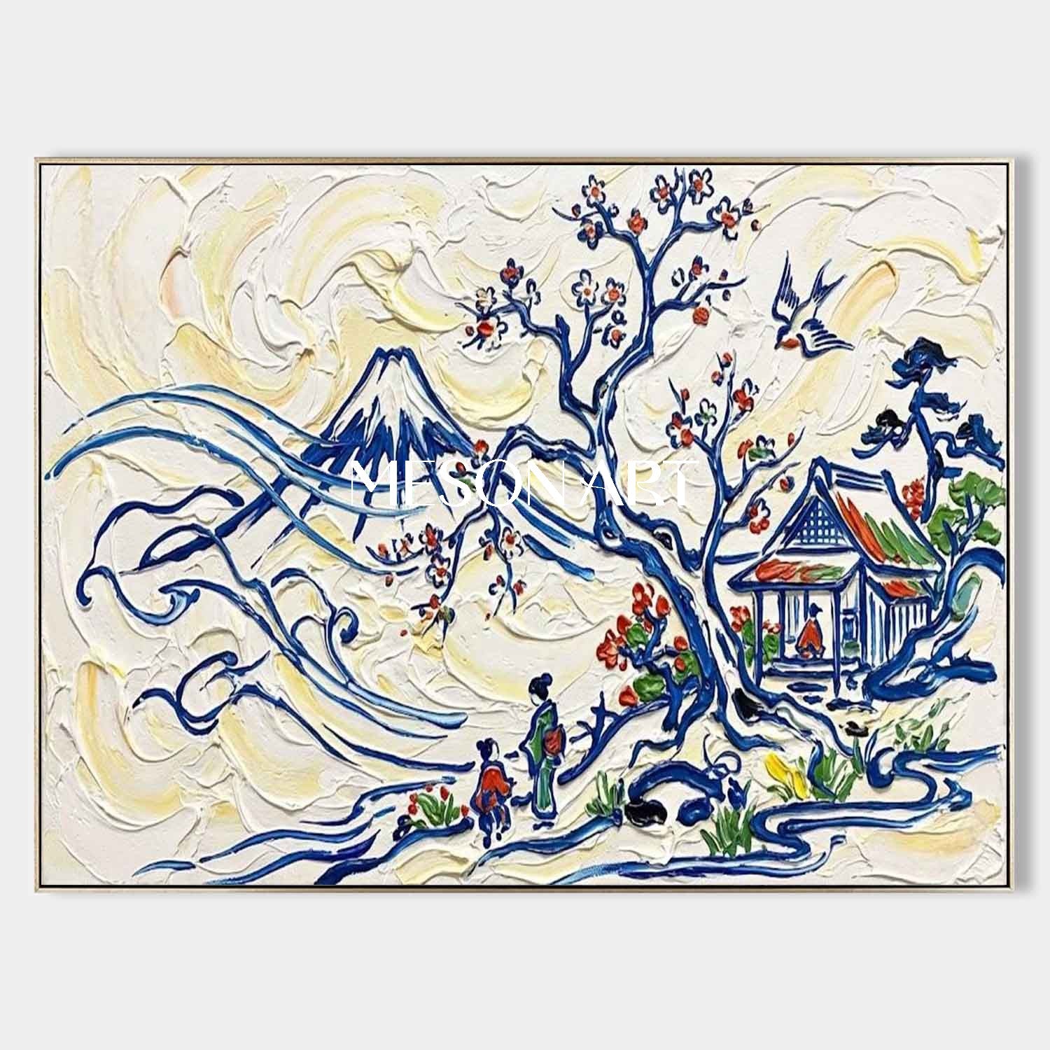 MesonArt 3D Textured Oil Painting - Mount Fuji Japanese Landscape Impasto Canvas Wall Art