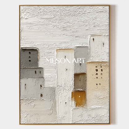 Large 3D City Texture Painting Cream Minimalist City Abstract Canvas Art Urban Minimalist Wall Art